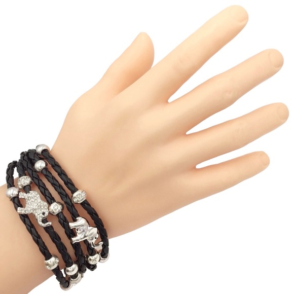 Elephant Theme Slide Charm Faux Leather Multi Row Toggle Bracelet - Picture 2 of 3